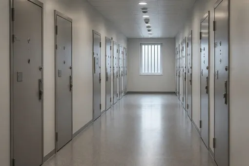 Illustration av en korridor med stängda dörrar i en institutionsmiljö.