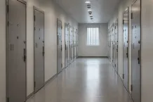 Illustration av en korridor med stängda dörrar i en institutionsmiljö.