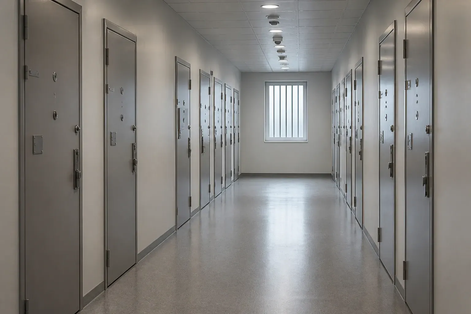 Illustration av en korridor med stängda dörrar i en institutionsmiljö.