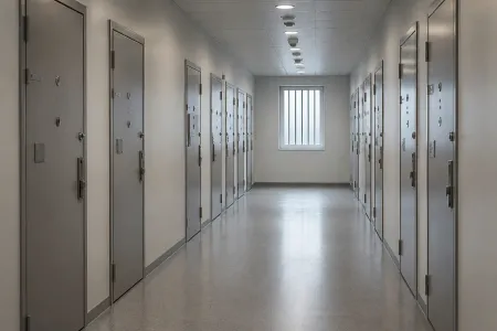 Illustration av en korridor med stängda dörrar i en institutionsmiljö.