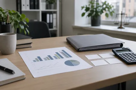 Statistikdiagram, dokumentmapp och miniräknare på ett skrivbord.