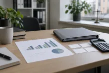 Statistikdiagram, dokumentmapp och miniräknare på ett skrivbord.