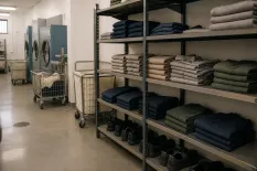 Vikta anstaltskläder på hylla i svensk kriminalvårdsanstalt