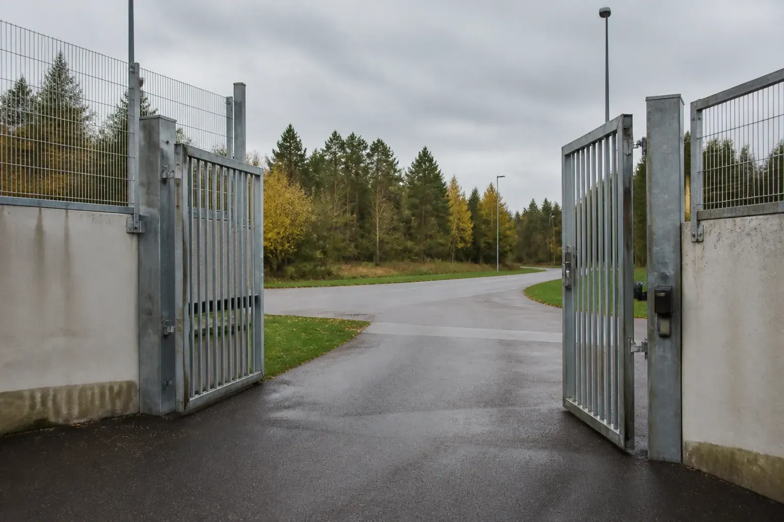 Anstaltsgrind som öppnas mot väg i dagsljus