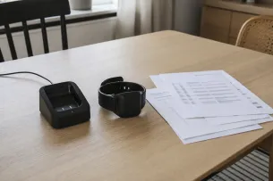 Elektronisk fotboja med laddare på bord