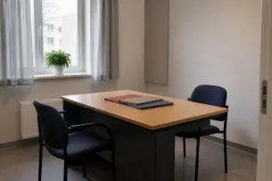 Samtalsrum hos frivården med bord och stolar