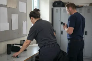 Illustration av kollegor som förbereder ett arbetspass i institutionsmiljö.