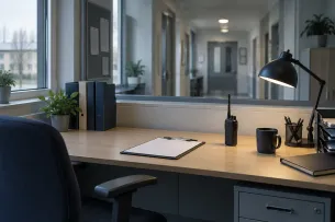 Redaktionell illustration av en arbetsplats för operativ ledning i institutionsmiljö.