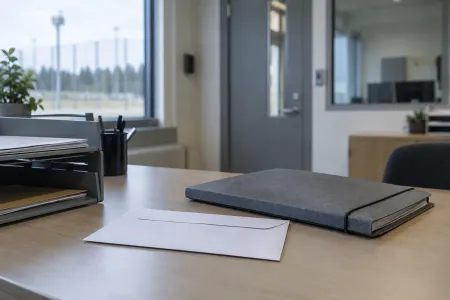 Ett oöppnat kuvert och en dokumentmapp på ett skrivbord i en institutionsmiljö.